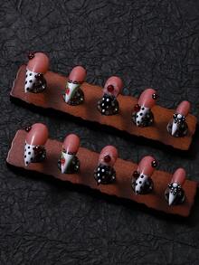 10pcs/Set Handmade Dragon Claw Cat Paw Animal Claw Press-On Nails, Y2K Style Cute Sweet 3D Ladybug Polka Dot Fresh Youthful, Includes 1pc Jelly Glue And 1pc Nail File, Suitable For Daily And Party Manicure - Baby Pink - View 4