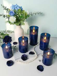 6pcs Flameless Candle Lights With Timer Remote Control, Battery Operated Blue Warm Light Candles, Suitable For Christmas, Halloween, Valentine's Day, Gifts, Birthday, Proposal, Wedding, Party, Holiday - Dark Blue - Warm Light - View 5