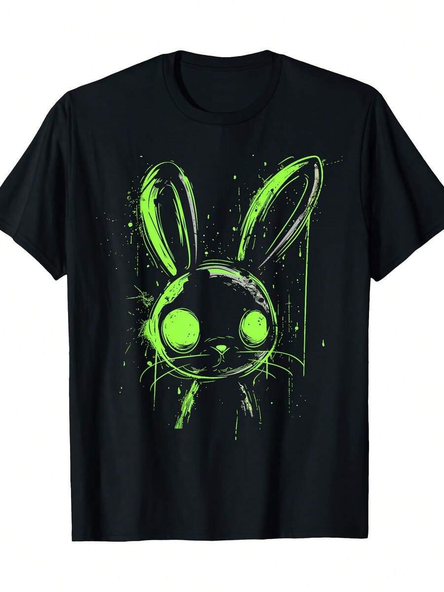 Men's Gothic Style T-Shirt With Rabbit Design In Light Colors - 100% Cotton, Black Base With Neon Green Design That Glows In The Dark - White - View 1