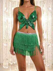 Sequin Crop Top With Multi-Layer Fringe Hip Scarf, Y2K Music Festival Party Waist Skirt 2 Pieces Set (Multiple Colors Available) - Multicolor - View 7