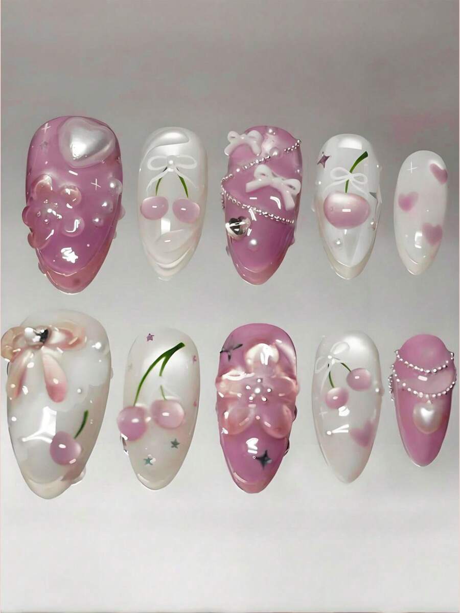 10片中號杏仁形穿戴甲，粉色貓眼夏季美甲，3D花朵法式邊緣，白色愛心珍珠與粉色蝴蝶結裝飾，適合女孩與女性日常配戴、假日派對與送禮 - 淺粉色 - 查看 1