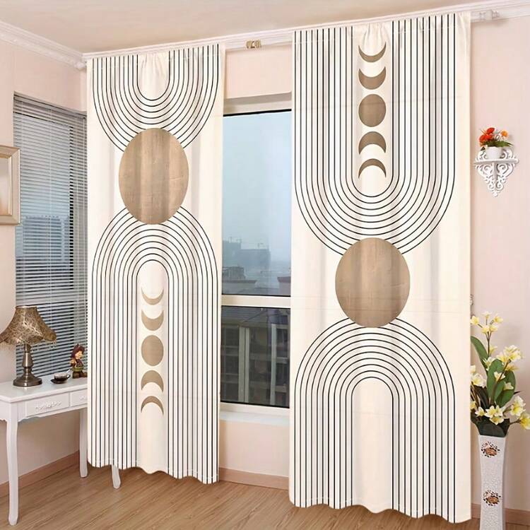 2pcs Modern Geometric Print Curtains, Rod Pocket Design, Suitable For Bedroom, Living Room, Study, Studio, Enhances Space Texture, Protects Privacy, All Season Use, Multiple Sizes Available, Good Light Transmission, 2D Flat Print, 90gsm - Multicolor - View 7