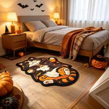 1pc Magic Cloak Calico Fat Cat Shaped Floor Mat, Full Cat Silhouette, Lazy Lying Pose With Healing Vibe, Black White Orange Calico Cat With Black Gold Magic Cloak - Multicolor - View 3