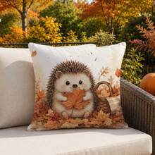1pc Cute Hedgehog & Maple Leaf Cushion Cover, Single-Sided Printed Skin-Friendly Peach Skin Velvet Material, 45*45CM/18*18inch Pillowcase For Room Decor, Modern Fabric Sofa Indoor Decoration, Party Decor, Gift Giving - Multicolor - View 5