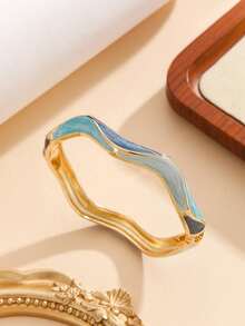 rundraw 1 buah Gelang Enamel Berlapis Emas Bentuk Asimetris yang Modis, Hadiah Perhiasan untuk Wanita & Anak Perempuan - MultiWarna - View 2
