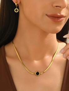 3pcs Minimalist Elegant Personalized Flat Snake Chain Roman Numeral Collarbone Necklace Black Earrings Jewelry Set - Gold 02 - View 14