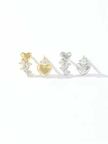 1 Pair S925 Sterling Silver Mini Heart Zirconia Stud Earrings For Women, Small Heart-Shaped Rhinestone Earrings, Simple Daily Hypoallergenic Silver Needle Earrings - Heart - View 7