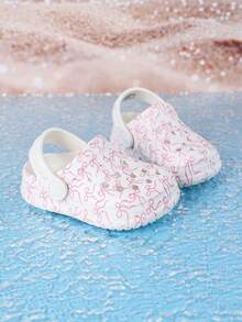 1 par de zuecos cómodos y de moda casual para niñas con estampado de lazo, versátiles para interior/exterior y playa, con protección de dedos - Blanco - Ver 3