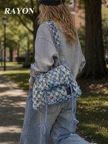 Denim Checkered Fringe Crossbody Bag Large Capacity Raw Edge Tote Bag Shoulder Bag Drawstring Casual Suitable For Daily Outings, Campus, Shopping - Baby Blue - View 2