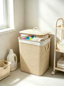 Round/Rectangular Wicker Laundry Basket With Lid, Laundry Basket, Laundry Hamper, Storage Basket, Clothes Bin,Linen Lined Clothes Storage Hamper With Rope Handles, Large Capacity Dirty Clothes Organizer Bin For Bedroom Bathroom Laundry Room, - View 8