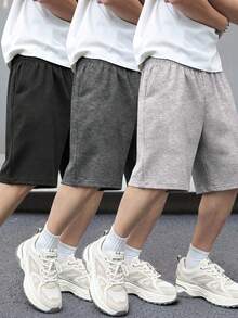 3件組青少年男孩寬鬆版型中大腿長度休閒百搭短褲 - 黑色 - 查看 9