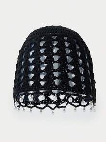 Bohemian Style Handmade Crochet Hollow Swirl Hat, Women's Pearl Decorated Soft Knitted Headscarf, Lightweight Breathable Knitted Cap, Suitable For Daily Wear And Chemotherapy - A - View 4