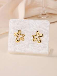 1Pair/1Set Irregular Hollow Flower Earrings, 18K Gold Plated Stud Earrings, Minimalist Abstract Women Jewelry For Daily Dating Party Gifts - Multicolor - View 6