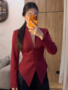 女款秋季深V領立領修身西裝外套，單排扣不對稱下擺長袖通勤夾克 - 酒紅色 - 查看 8