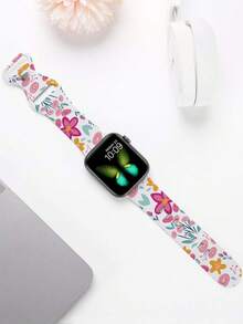 1pc Fashionable Colorful Floral Silicone Watch Band, Compatible With Apple Watch 38/40/41/42/44/45/49mm (S10 42mm) (S10 46mm), Soft Silicone Sports Watch Band Compatible With Apple Watch Ultra 2 S10 11 SE 9 8 7 SE 6 5 4 3 2 1 Series, Suitable For Various Outfits, Daily Wear And Holiday Decoration, For Women - White - View 5