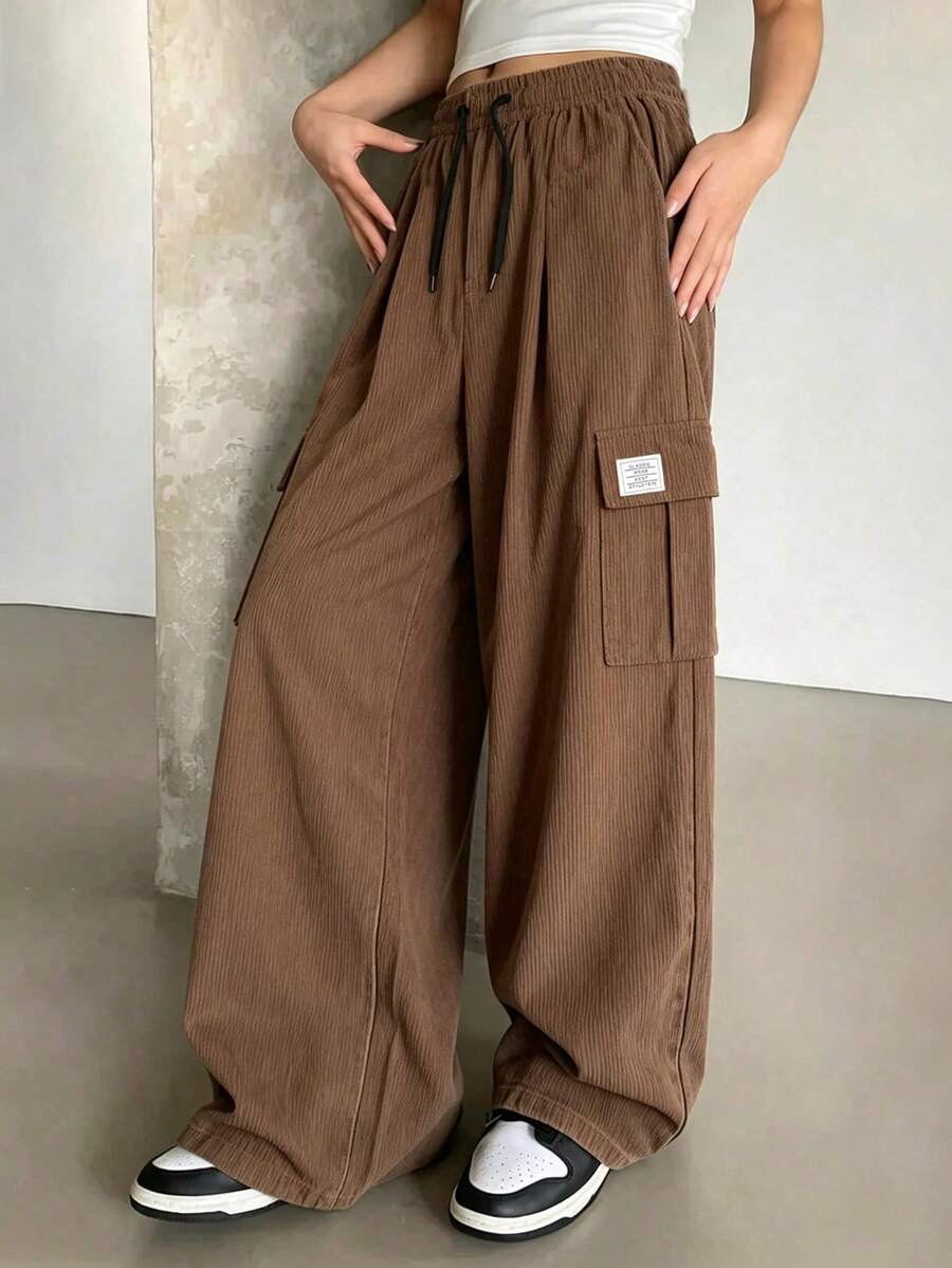 1pc Girls' Teen Versatile Corduroy Wide Leg Cargo Pants - Brown - View 1