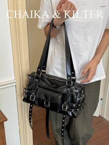 1pc Solid Color Shiny PU Fabric Women's Fashion Casual Shoulder Boston Pillow Bag With Metal Eyelet Decor, Multi-Pocket Design, Double Handle Zipper Closure, Suitable For Daily Shopping - Black - View 7