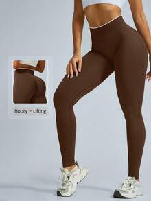 NcmRyu Women's 1pc Colorblock White Trim Seamless Waist-Cinched Butt-Lifting Running Back To School Sports Leggings - Mocha Brown - View 10