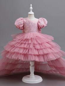 KAFEIBEI Young Girls Elegant Sequin Flower Girl Dress, Layered Tulle High-Low Princess Gown For Wedding, Birthday Party, Pageant & Formal Events - Dusty Pink - View 6