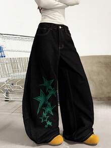 1件日系街頭風女款刺繡彎腿寬鬆闊腿牛仔長褲（本產品不含腰帶/配件） - 綠色 - 查看 5