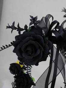 1pc Gothic Black Rose Handheld Hoop Bouquet Elegant Ribbon Bow Spider Floral Ring For Bridesmaid Bridal Wedding Cosplay Photo Props - Black - View 4
