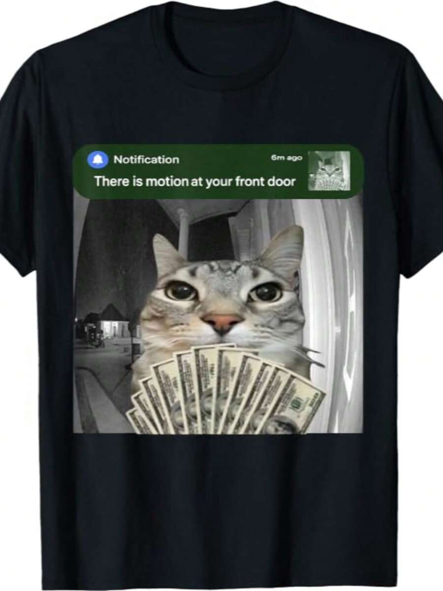 Funny Cat Meme T-Shirt For Men – 'Tummy Ache Survivor' Sarcasm Humor, Casual Round Neck Tee,Meme Shirts, Graphic Tee - 黑色9 - 查看 1