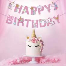 Unicorn Theme Happy Birthday Banner, Suitable For Birthday Party Decorations, Gifts, And Supplies - Pink - View 2