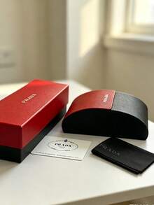 1pc Prada Dual-Color Cross-Grain Faux Leather Hard Glasses Case, Luxury Protective Fashion Eyewear Storage Designer Accessory Gift PRADA-GIFT-42 - Red and Black - View 4