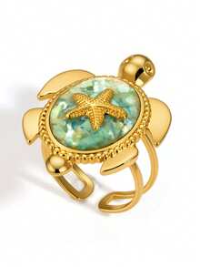 Uself 4pcs/1pc Gold Stainless Steel Open Rings For Women, Adjustable Ocean Animal Rings With Turtle, Starfish, Shell, Crab Designs, Beach Vacation Jewelry Accessories - Multicolor - View 7