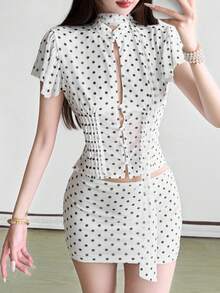 Stylish Women's White Polka Dot Blouse, Short Ruffle Sleeve Top With Mock Neck, Medium Stretch Knitted Fabric - White - View 3