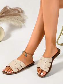 Ximi Ruo Damen-Sandalen im koreanischen Stil, lässige flache Pantoletten, offene Zehenpartie, gewebte römische Sandalen, Sommer-Strand- und Hausschuhe, modischer französischer Stil für Ausflüge, Frühling/Sommer Neu, flache Schuhe zu Kleidern - Beige - Übersicht 6