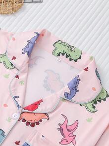 2pcs/Set Plus Size Women's Pajama Set, Cute Dinosaur Family Print, Women's Loungewear, Spring/Summer Holiday Outfit, Short Sleeve Lapel Top And Shorts, Can Be Worn As Casual Wear - Multicolor - View 10
