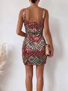 Gaun Mini Pas Badan Berhiaskan Payet Berkilau Motif Geometris, Gaun Pesta Tanpa Lengan Leher Persegi Aneka Warna, Cocok untuk Tamu Pernikahan dan Acara Pesta Koktail - MultiWarna - View 3