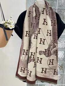 1pc Women's Letter Pattern Colorblock Jacquard Scarf, Short Tassel Scarf, Suitable For Dating, Casual And Formal Occasions - Multicolor - View 6