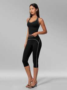 MFVIM Conjunto deportivo de top de tirantes a rayas con bloques de color y leggings cortos ajustados, adecuado para trote diario al aire libre, ciclismo y yoga - Negro premium - Ver 7