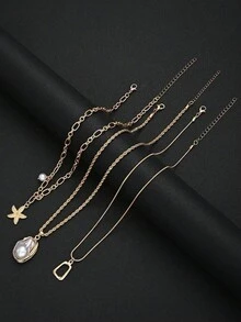 3pcs Vintage Fashion Exaggerated Necklace Set, Featuring Starfish And Faux Pearl Multi-Layer Necklace Set, Suitable For Women To Wear In Summer, Party, Vacation And Other Occasions - Yellow Gold - View 7