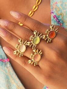 Uself 4pcs/1pc Stainless Steel Crab Ring For Women Gold Plated Colorful Cat Eye Stone Ocean Beach Vacation Jewelry - Multicolor - View 11
