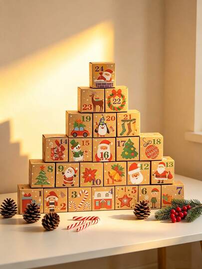 1/24pcs-Combination Set Cowhide Color Christmas 24-Day Countdown Surprise Box Themed Gift Packaging Box, Christmas Gift Box, Using Kraft Paper Material, Starting From December 1St, Open A Small Box Every Day And Discover Different Christmas Surprises