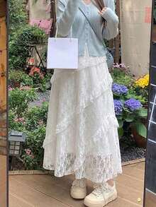 Women's Lace French A-Line Waist Puff Cake Skirt White - White - View 3