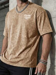 1pc Men's Brown Vintage PRALSE THE LORD Print Washed Short Sleeve T-Shirt, Suitable For Summer, Comfortable And Breathable, Fashion Forward - Brown - View 2