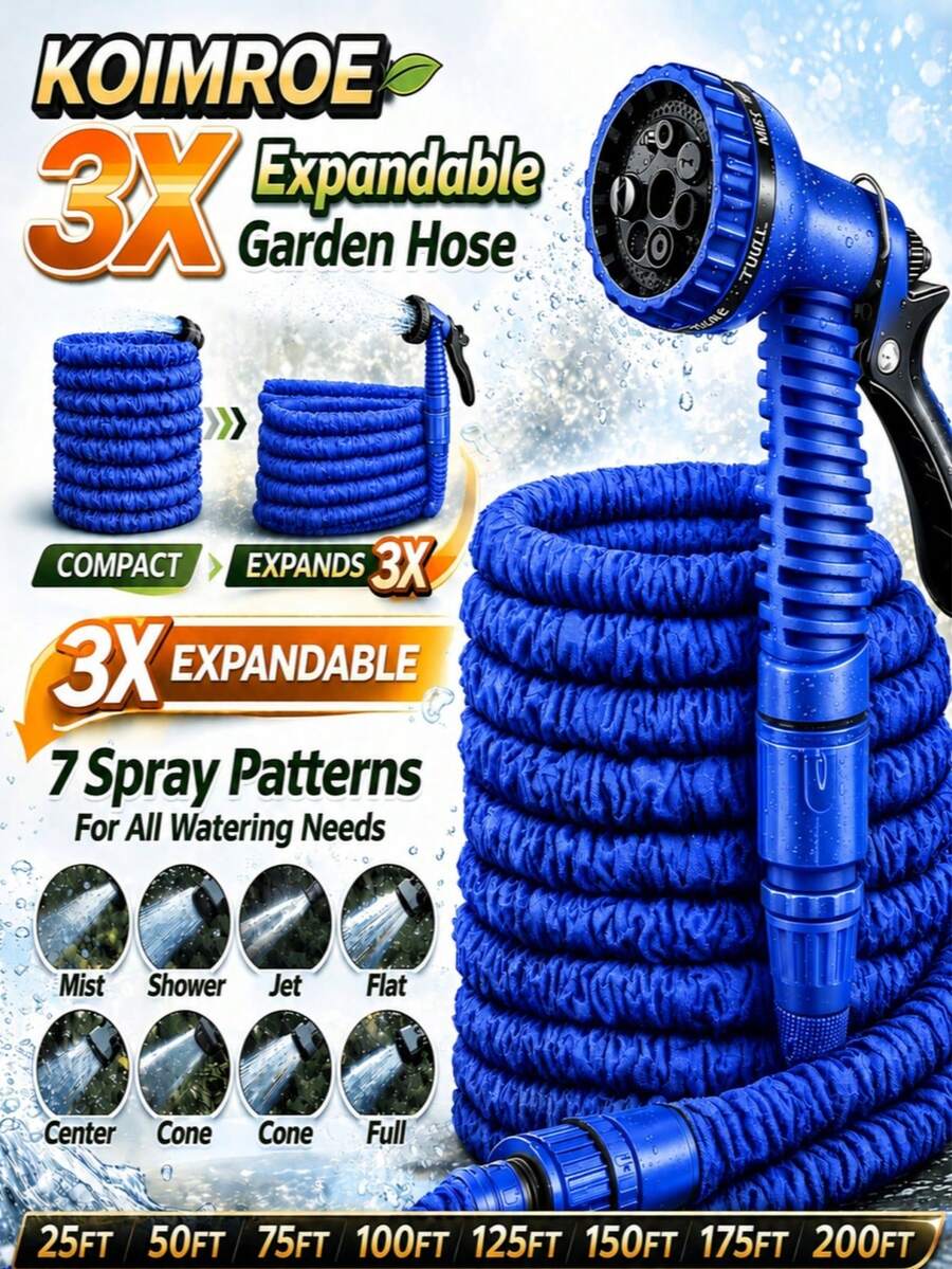 1pc 50/100ft Adjustable Water Hose With Green Nozzle, Durable Polyethylene Multi-Purpose Garden Hose With Spray Gun, Suitable For Outdoor Patio, Expandable And Easy To Use, Polyethylene Material, Garden Style, Green Nozzle Design, For Watering And Cleaning
