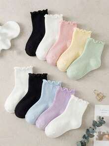 10 Pairs Random Candy Color Ruffle Cuff Ribbed Mid Calf Socks, Daily Sports Socks, Fall Back To School Essential Socks, Pastel Halloween Casual Socks - Multicolor - View 1