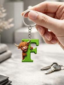 [2D Flat] Söt Highland-ko bokstavsnyckelring - Nyckelring med noveltydesign - 26 bokstäver - Highland-ko - Djurserie - Nyckelringstillbehör - Modeaccessoarer - Matchande nyckelringar lämpliga för olika tillfällen - Perfekt present till vänner - Multifärgad - Visa 10