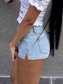 夏季歐美街頭風彈性緊身前衛極簡性感休閒中腰女款牛仔短褲熱褲 - 淺色水洗藍 - 查看 5