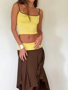 DOUCIU 2pcs Cute Women's Two Pieces Outfit Cropped Spaghetti Strap Top And High-Low Midi Skirt, Stylish Medium Stretch For Party - Brown - View 3
