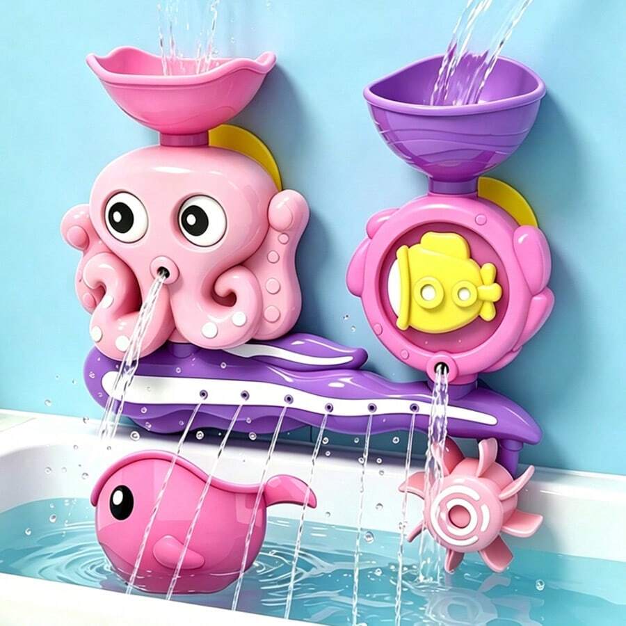 Octopus Water Play Spinning Water Wheel ABS Material Bathroom Track Baby Bath Toy, Water Game Function And Animal Characters - Fun Bath Time Learning Toy For Toddlers And Preschool Children - Multicolor - View 1