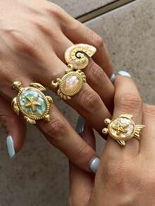 Uself 4pcs/1pc Gold Stainless Steel Open Rings For Women, Adjustable Ocean Animal Rings With Turtle, Starfish, Shell, Crab Designs, Beach Vacation Jewelry Accessories - Multicolor - View 4