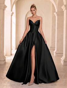 VIPGIRL Women's Solid Color Strapless Slit Pleated Elegant Cinched Waist Evening Dress - Black - View 3