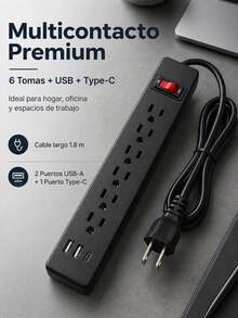 Power Strip With 6 Outlets, 2 USB + 1 Type-C, 1.8m - US A Type Plug(110-127V) - View 2