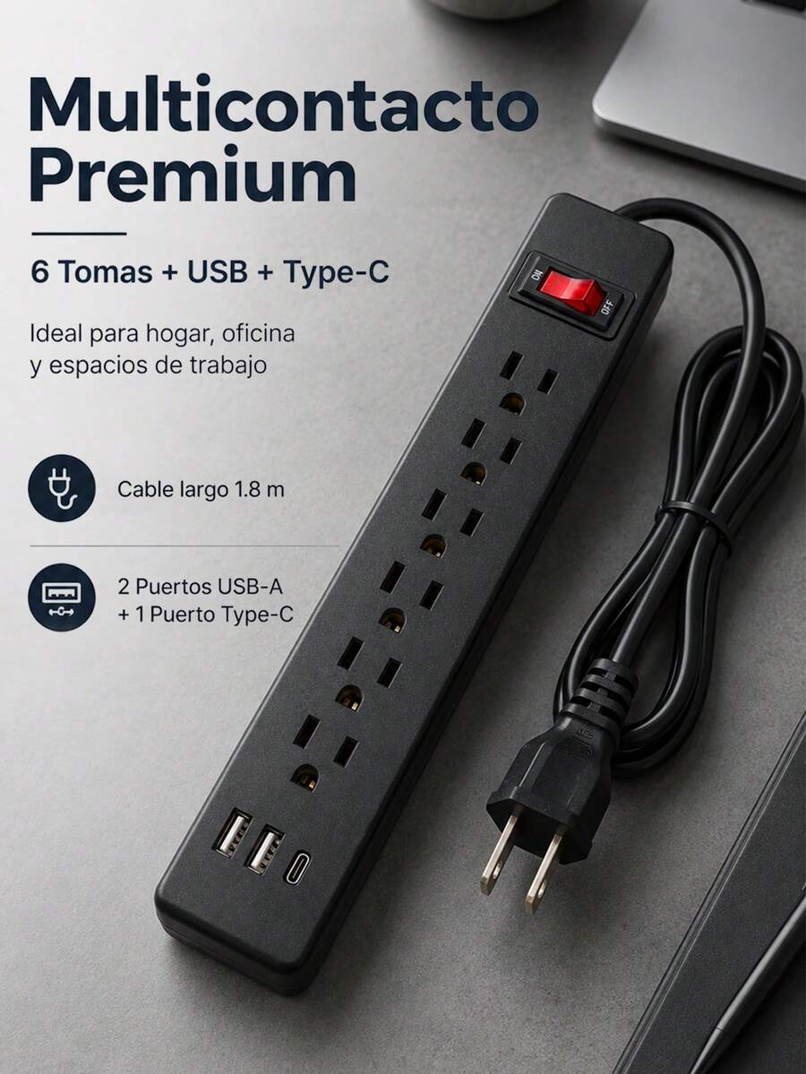 Power Strip With 6 Outlets, 2 USB + 1 Type-C, 1.8m